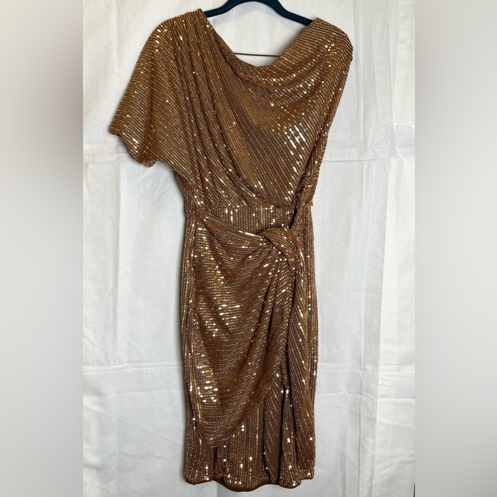 Grace Karin One-Shoulder Metallic Knot-Waist Dress in Gold - Picture 2 of 10